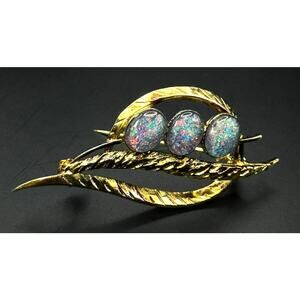 Vintage Triple Australian Opal Brooch Pendant Sterling Silver Gold-tone